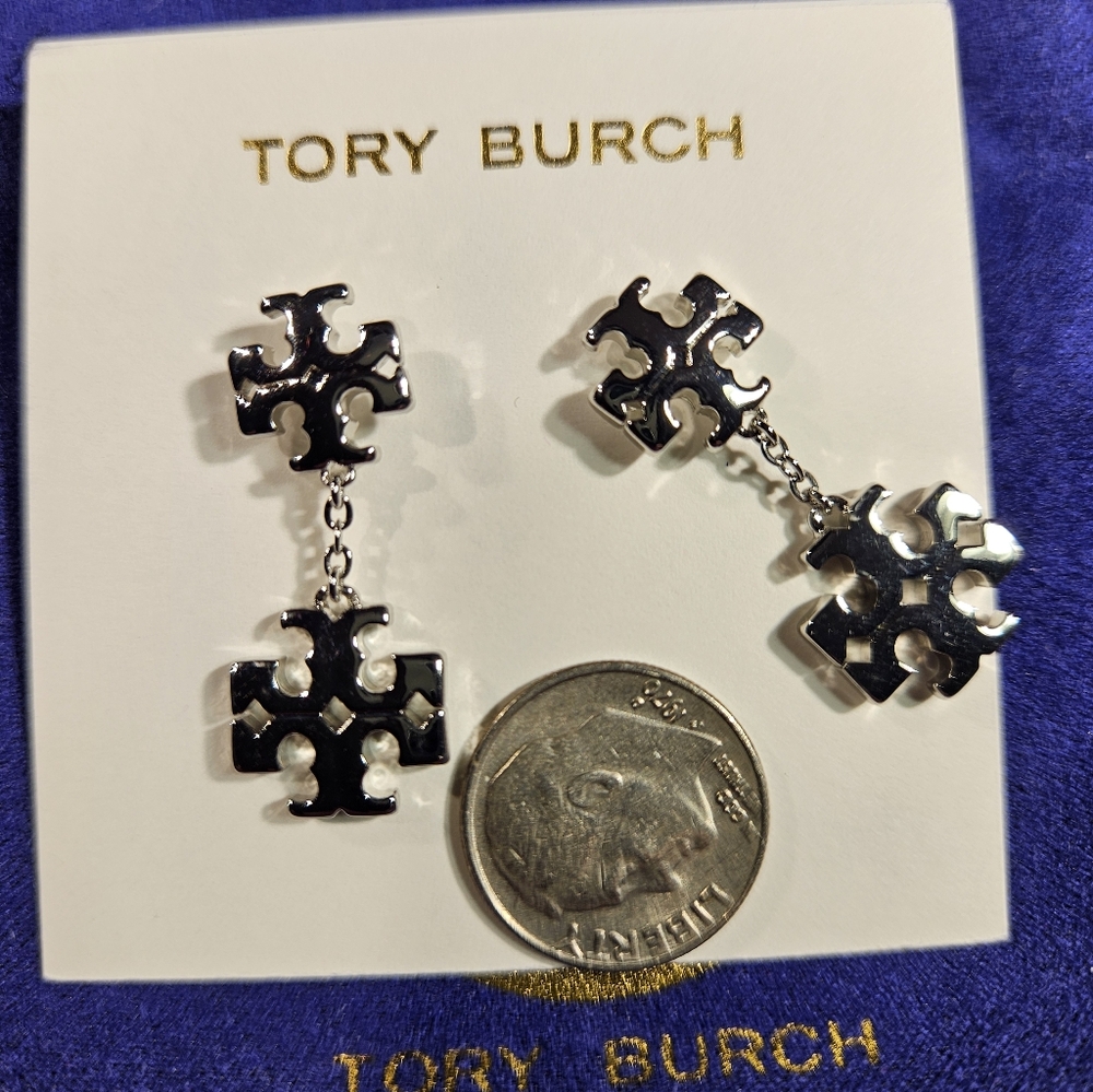 Tory Burch Kira Double Logo Linear Drop Earrings in Silver and Dustbag NWT - Picture 4 of 5